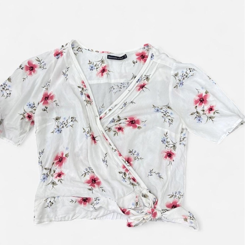 Abercrombie & Fitch white floral wrap top with pink and blue flowers